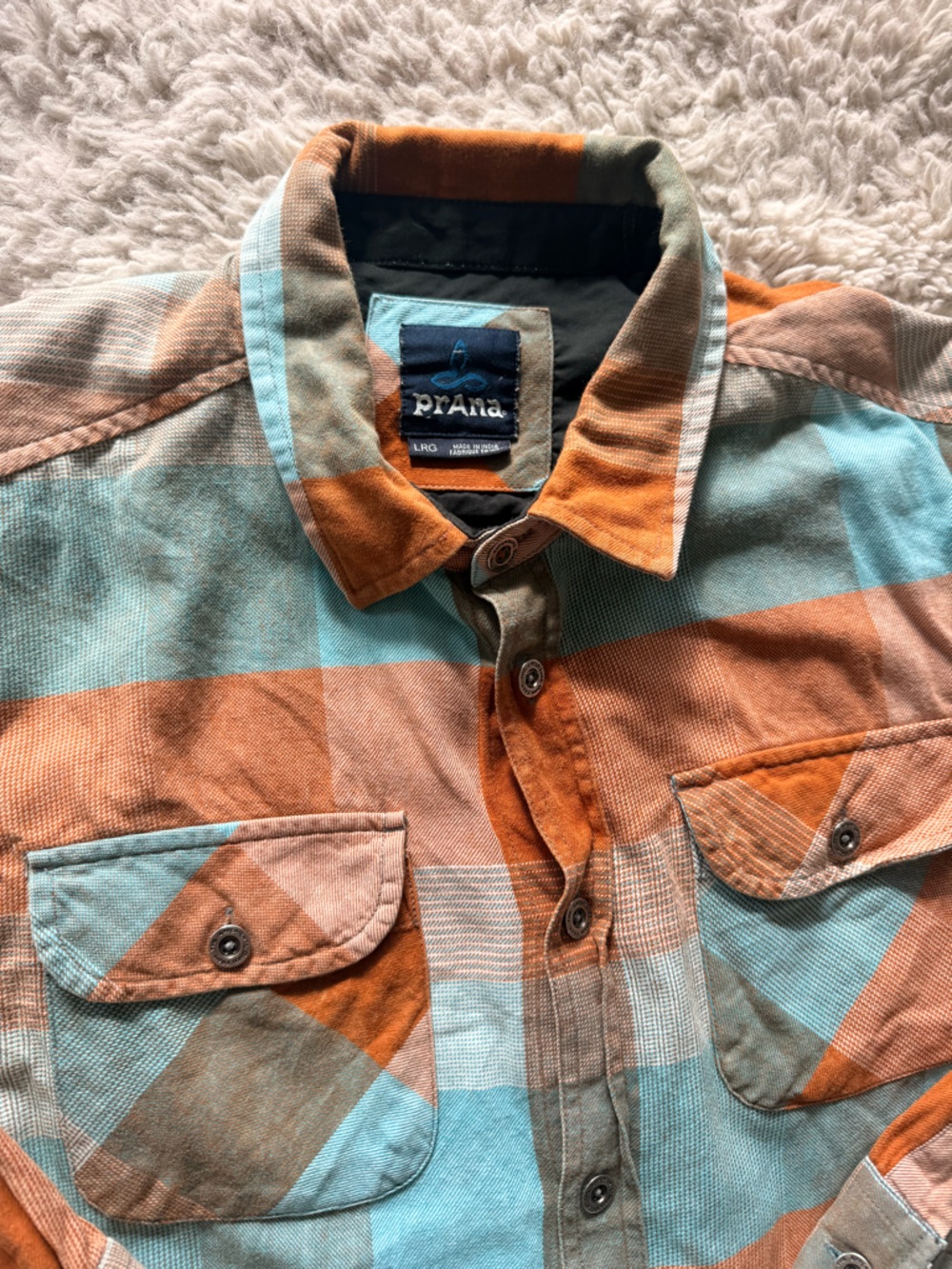 prAna Mens Large Plaid Button Up Shirt Orange Blue Organic Cotton Outdoor